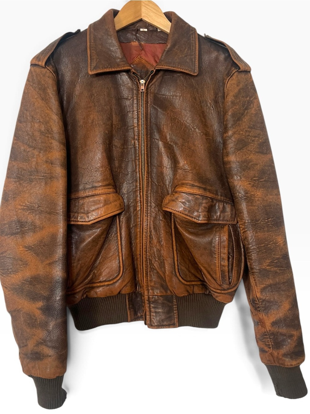 Source Unknown Brown Distressed Leather Bomber Jacket